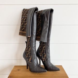 Fendi Black and Tan Over the Knee Boots